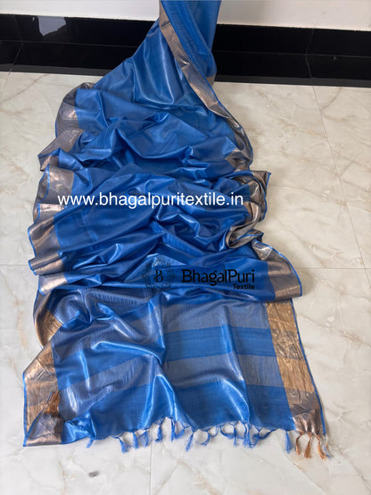 Majestic Blue Tussar Silk Saree With Running Blouse 1 m (Search Code-1039)