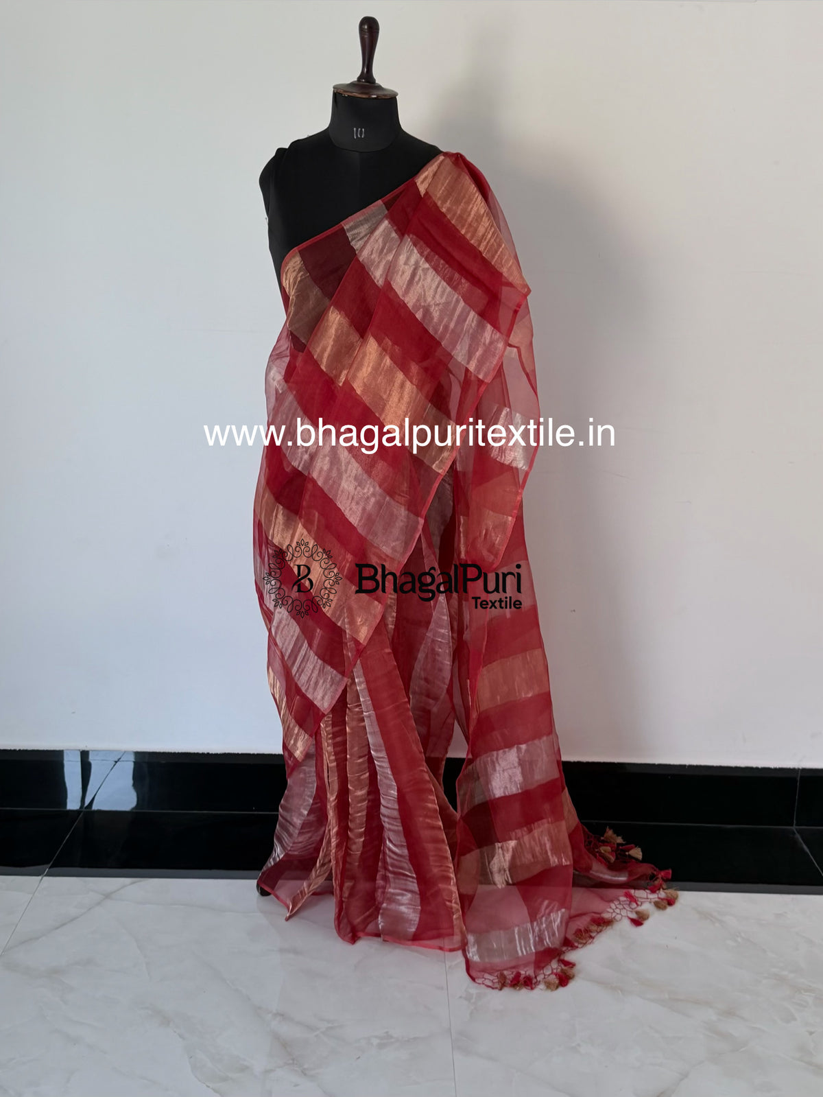 Noor-e-Ruby Organza Tissue Stipes Saree (Search Code-10193).