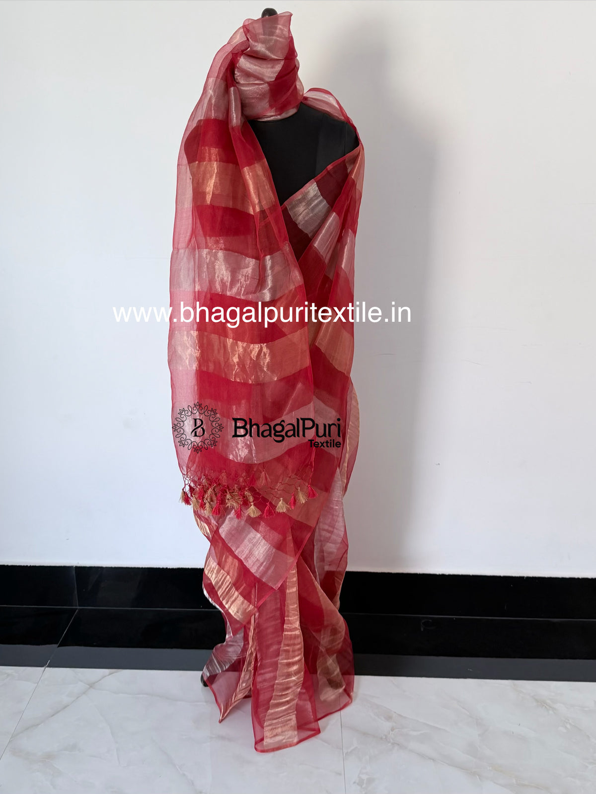 Noor-e-Ruby Organza Tissue Stipes Saree (Search Code-10193).