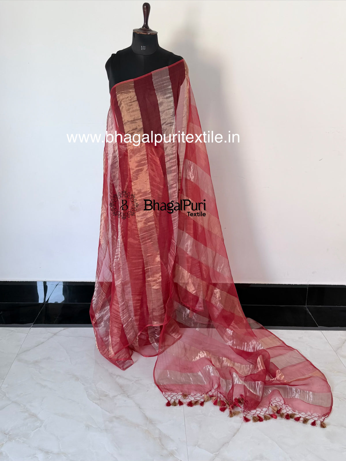 Noor-e-Ruby Organza Tissue Stipes Saree (Search Code-10193).