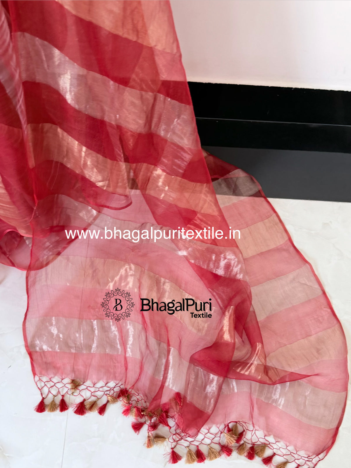 Noor-e-Ruby Organza Tissue Stipes Saree (Search Code-10193).