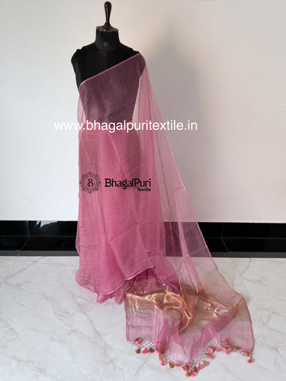 Rose Pink Organza Saree with Golden Tissue Pallu (Search Code-10196)