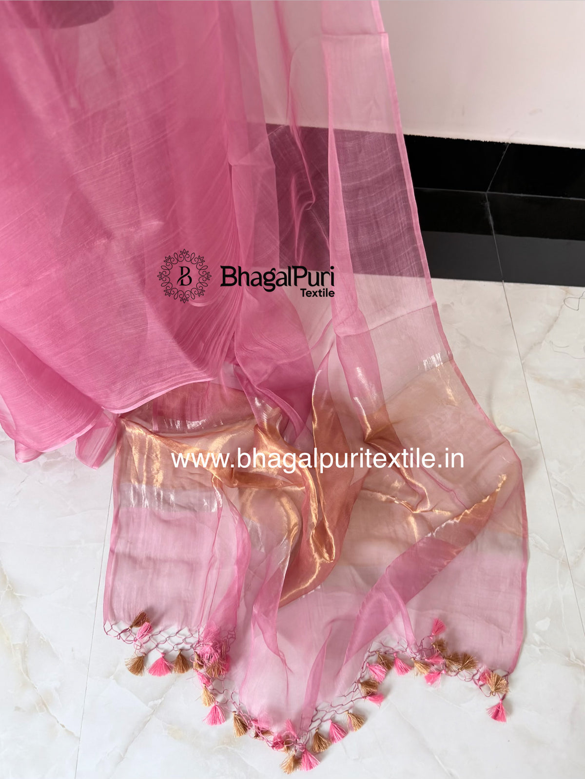 Rose Pink Organza Saree with Golden Tissue Pallu (Search Code-10196)