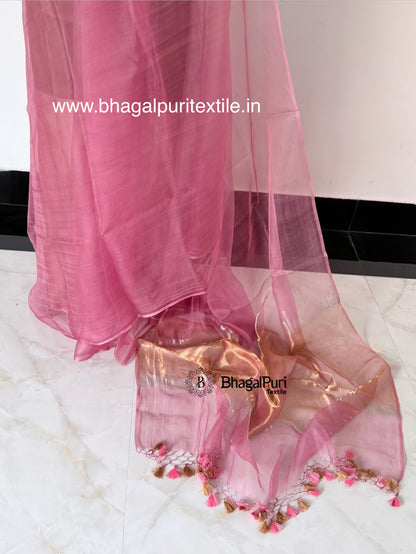 Rose Pink Organza Saree with Golden Tissue Pallu (Search Code-10196)