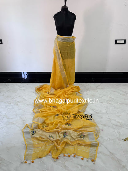 Linen Haldi Hand Embroidered Saree(Search Code-10132)