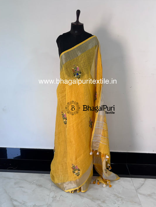 Linen Haldi Hand Embroidered Saree(Search Code-10132)