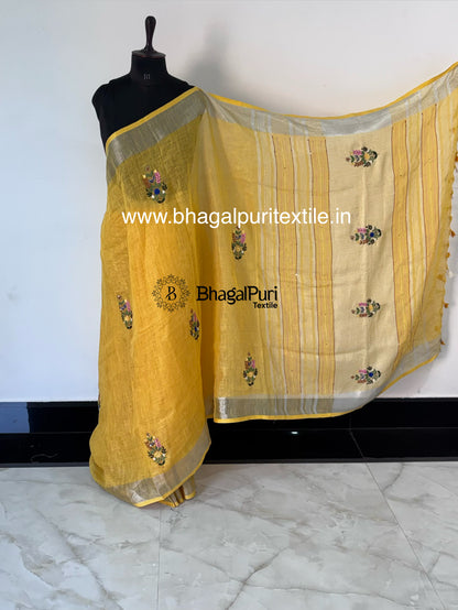 Linen Haldi Hand Embroidered Saree(Search Code-10132)