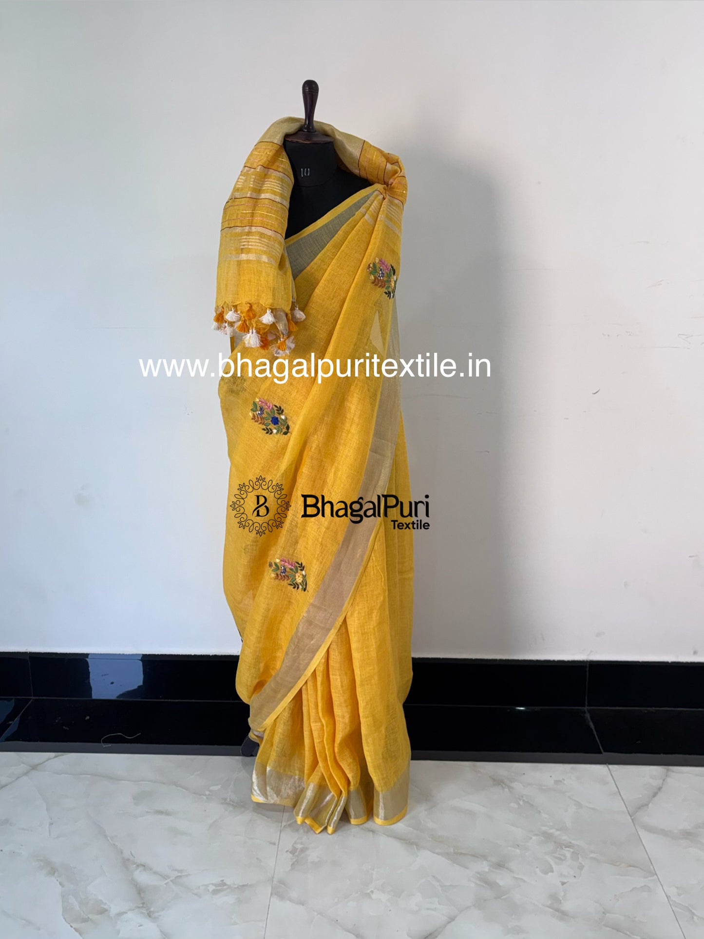 Linen Haldi Hand Embroidered Saree(Search Code-10132)