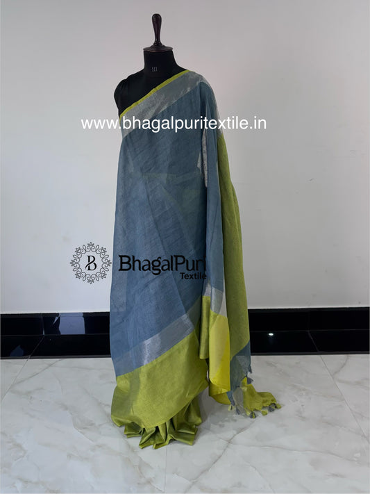 Classic Grey Linen Saree with  Yellow Border With 1 M Blouse (Search Code-10166)