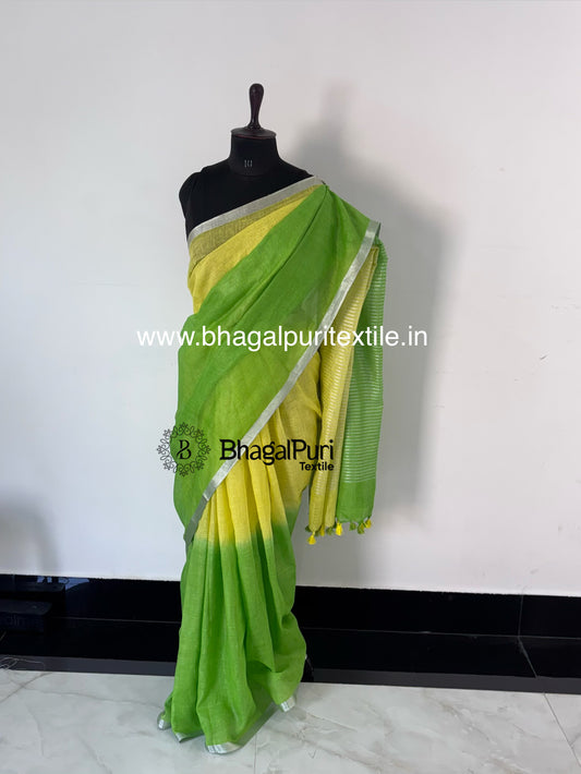 Noor-e-Bahaar Linen Dual Dye Yellow & Green Handloom Saree (Search code-10171).
