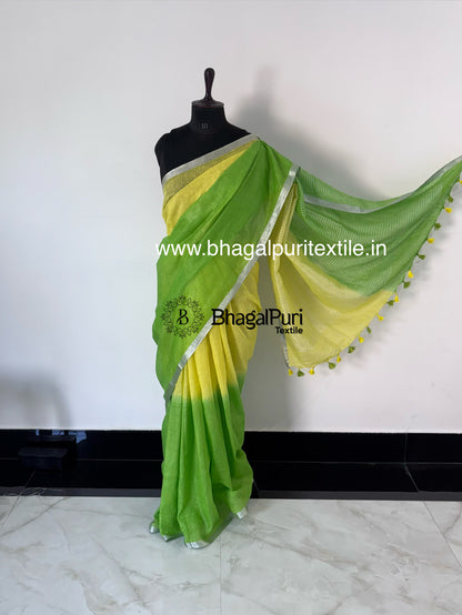 Noor-e-Bahaar Linen Dual Dye Yellow & Green Handloom Saree (Search code-10171).
