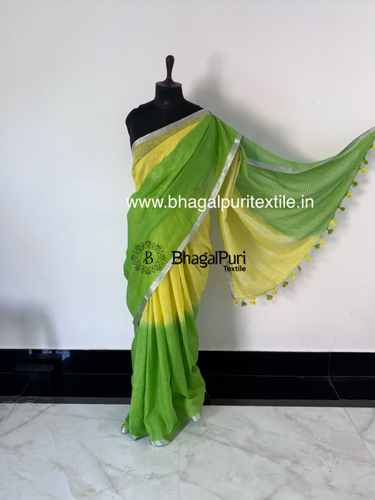 Noor-e-Bahaar Linen Dual Dye Yellow & Green Handloom Saree (Search code-10171).