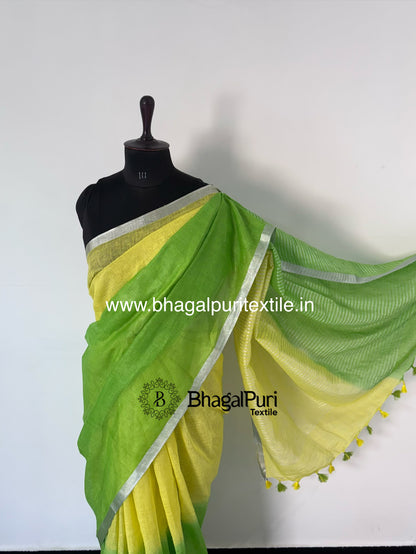 Noor-e-Bahaar Linen Dual Dye Yellow & Green Handloom Saree (Search code-10171).
