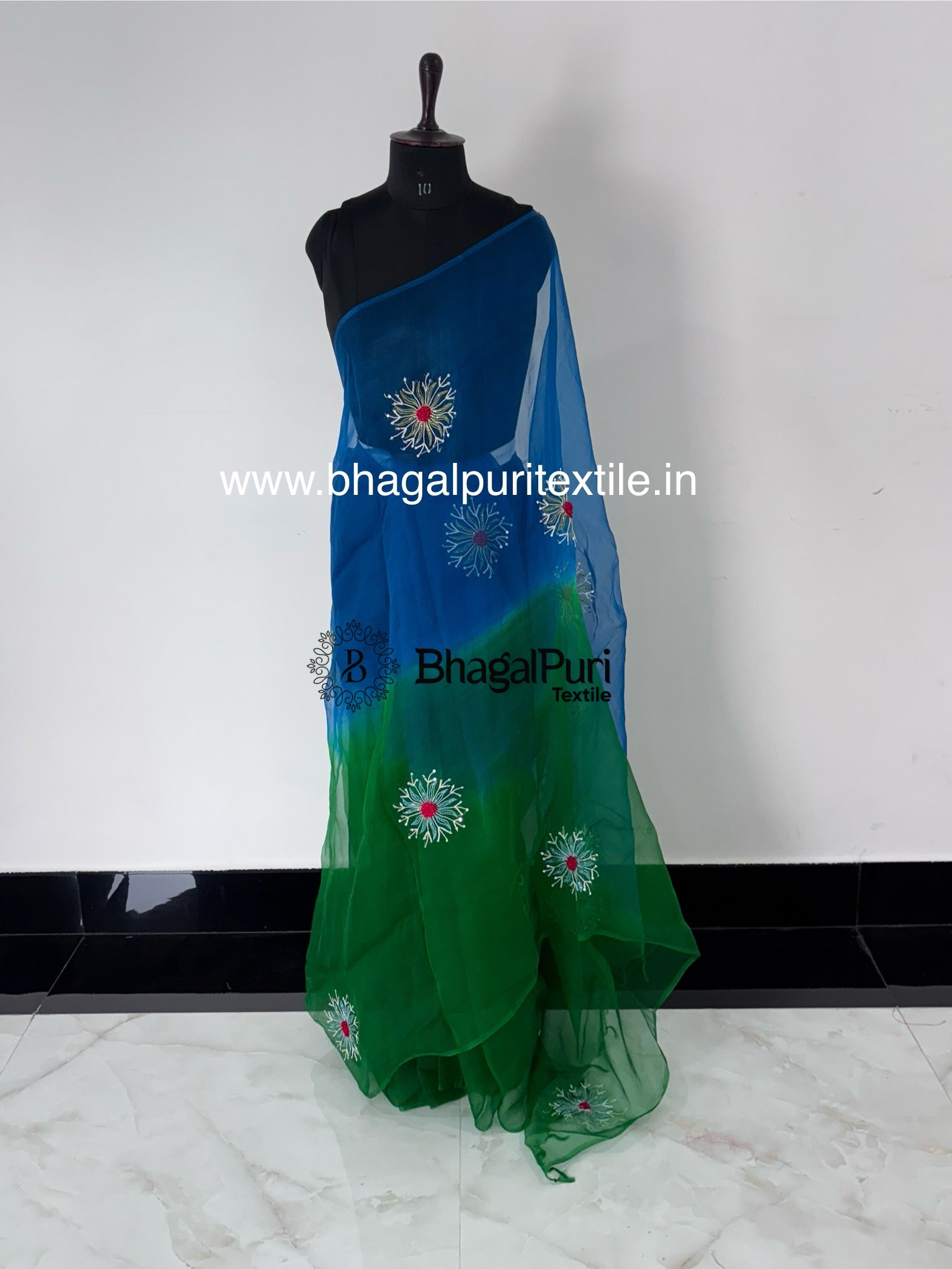 Designer dual shade organza saree with intricate hand embroidery and blouse piece