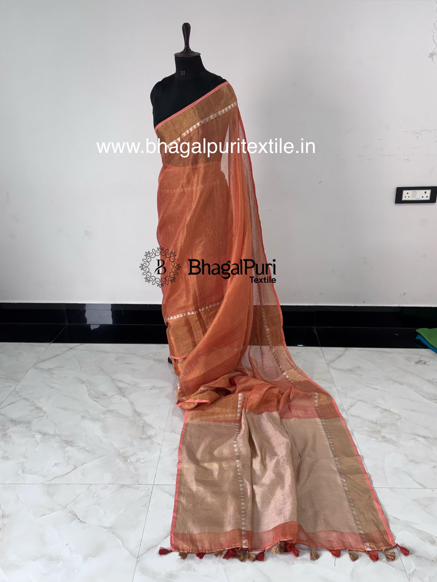 Orange temple tissue linen saree for women festive wear Bhagalpuri saree
