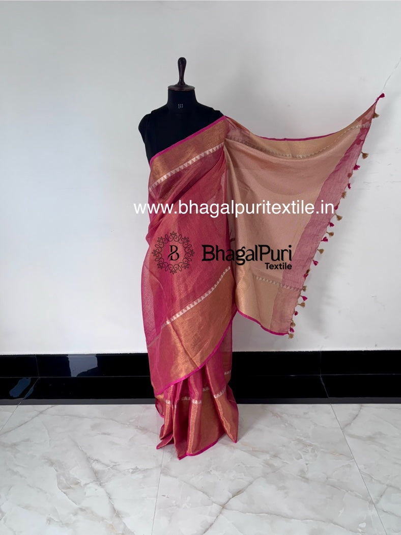Pink temple tissue linen saree for women lightweight festive wear Bhagalpuri saree