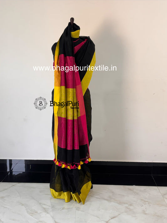 Black linen yarn dye saree with vibrant multicolor border and rich multicolor pallu