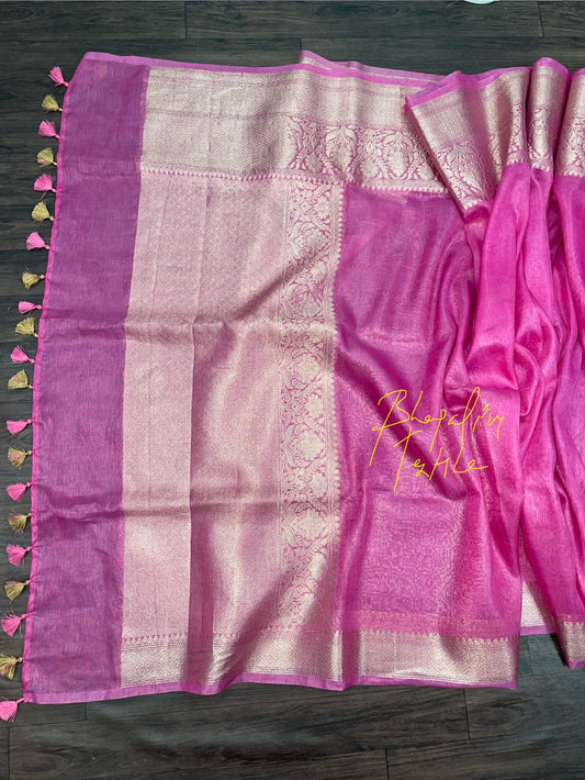 Premium pink banarasi silk linen saree lightweight ethnic saree with zari work for party and festive wear