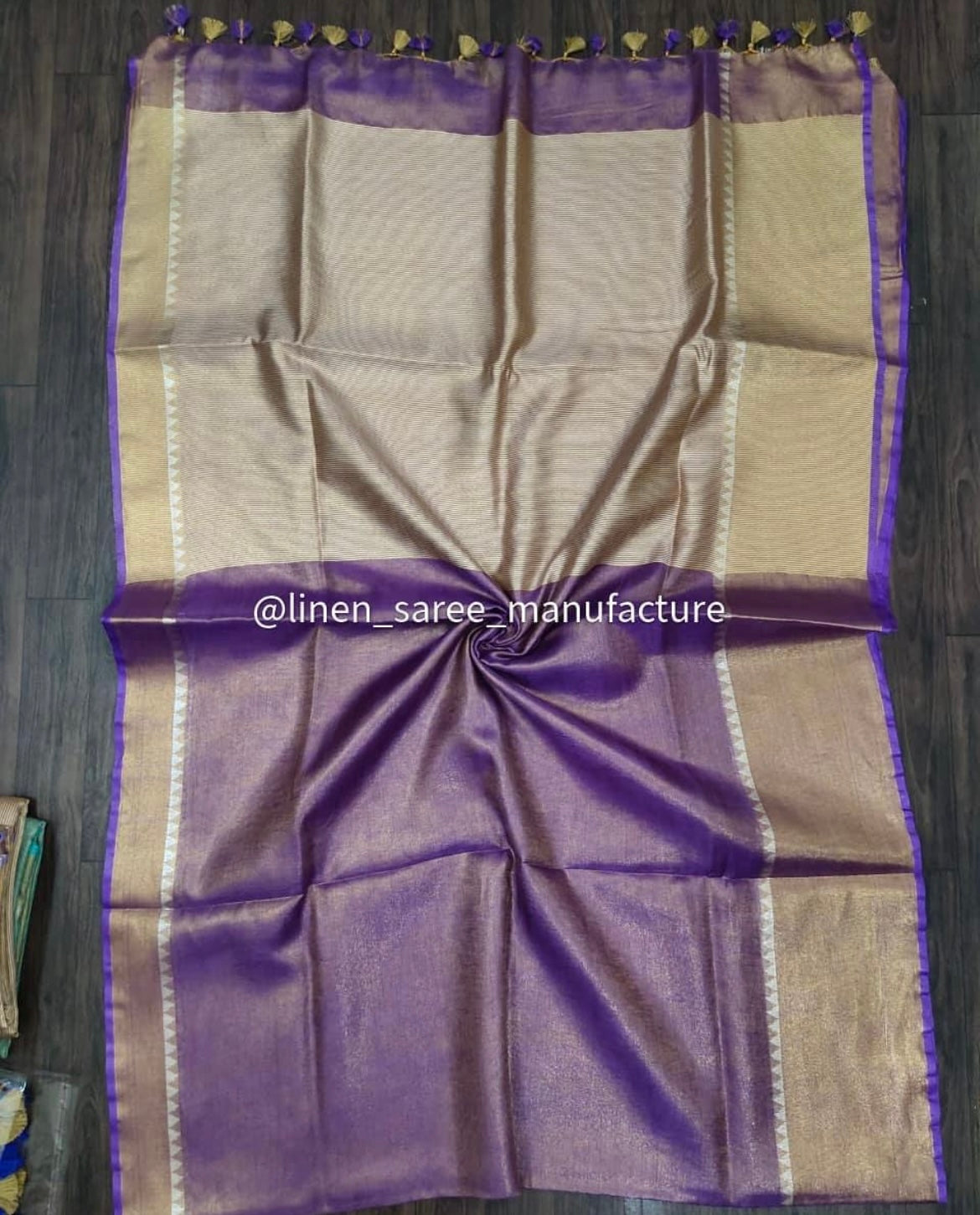 Purple temple tissue linen saree for women festive wear Bhagalpuri saree