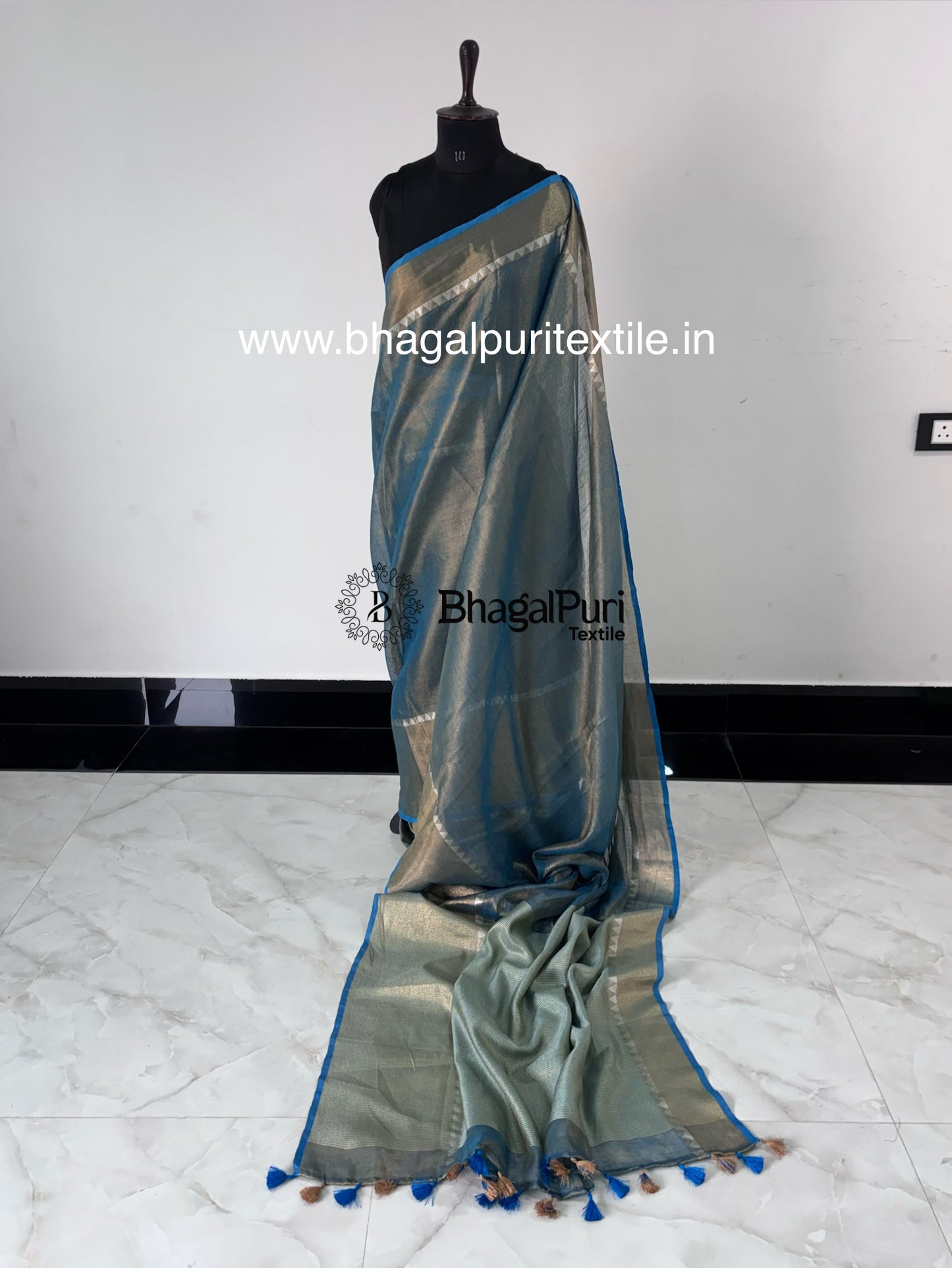 Venice blue temple border linen saree stylish party wear tissue saree for women