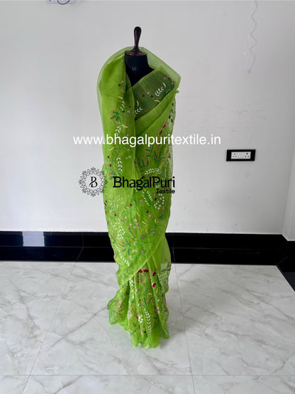 Elegant hand embroidered organza silk saree perfect for weddings and special occasions.
