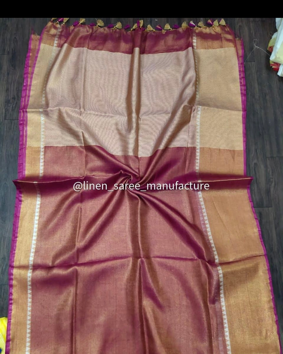 Soft reddish magenta linen tissue saree with temple design border premium ethnic saree India