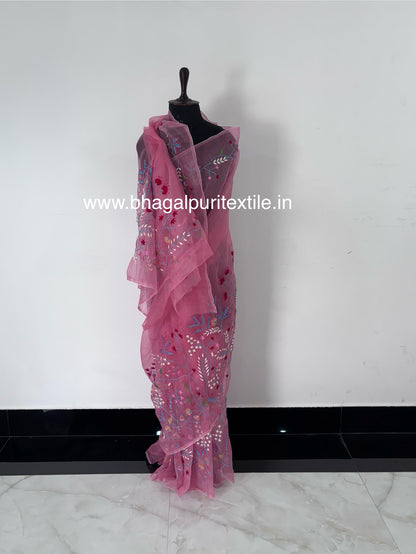 pink organza embroidered saree, pastel pink organza saree, party wear organza saree, luxury organza saree