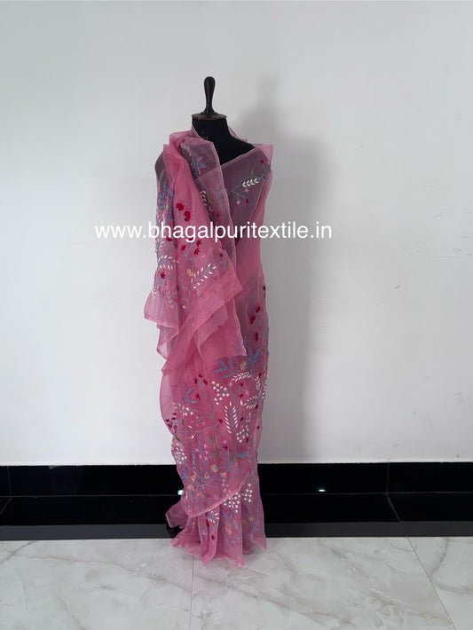 pink organza embroidered saree, pastel pink organza saree, party wear organza saree, luxury organza saree