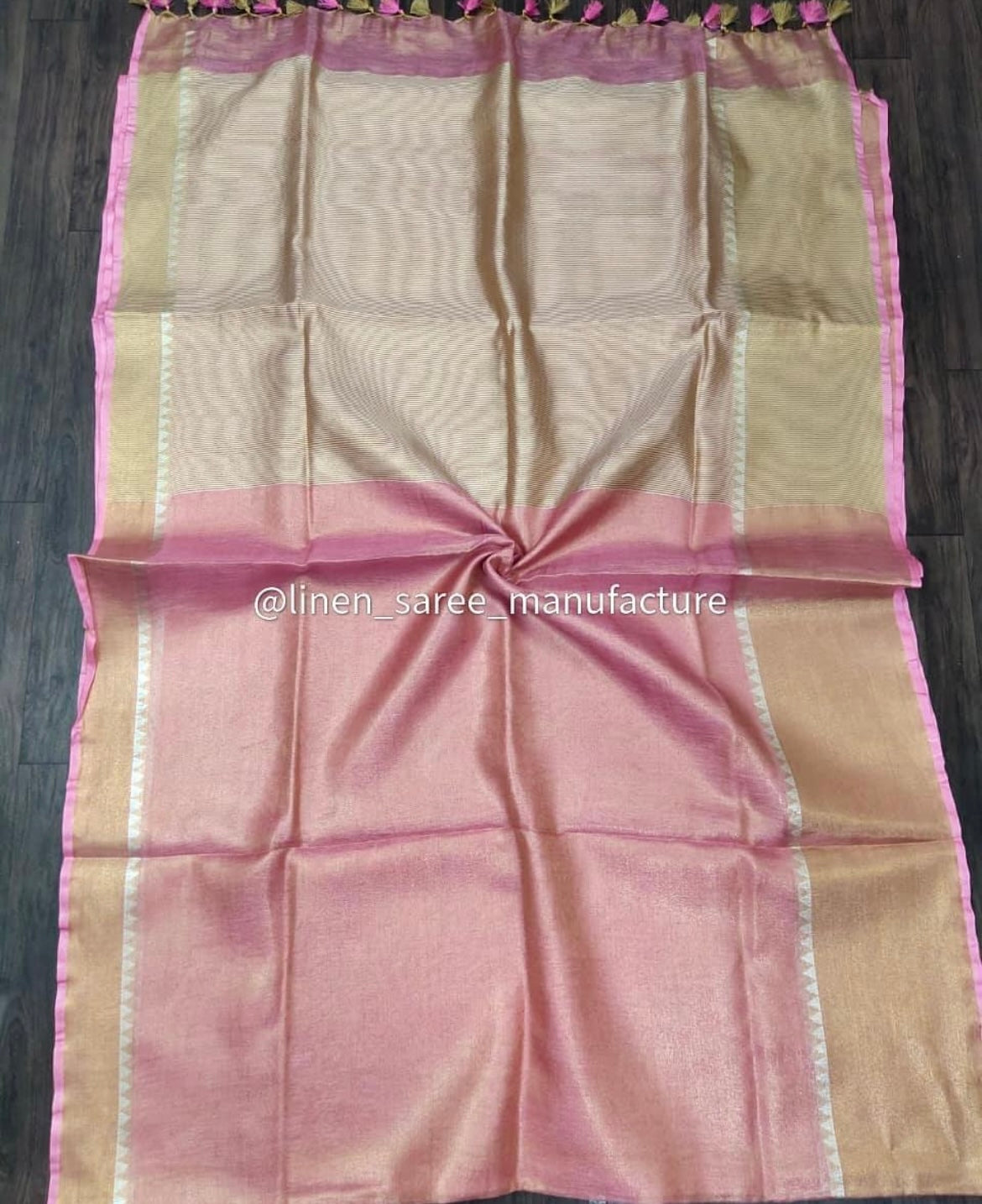 Rose pink temple border linen saree stylish party wear tissue saree for women
