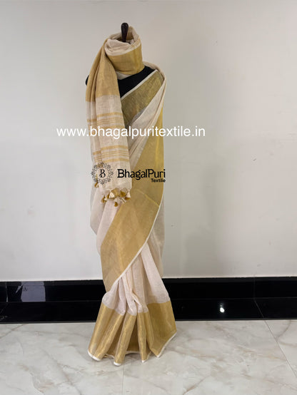 Premium white linen saree with rich golden Mahapad zari border