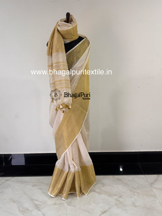 Premium white linen saree with rich golden Mahapad zari border
