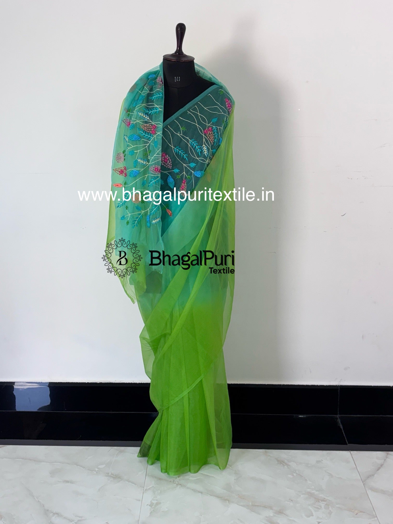 Suhani mauve saree set with delicate green hand embroidery and matching blouse – ideal for festive, wedding, or partywear look
