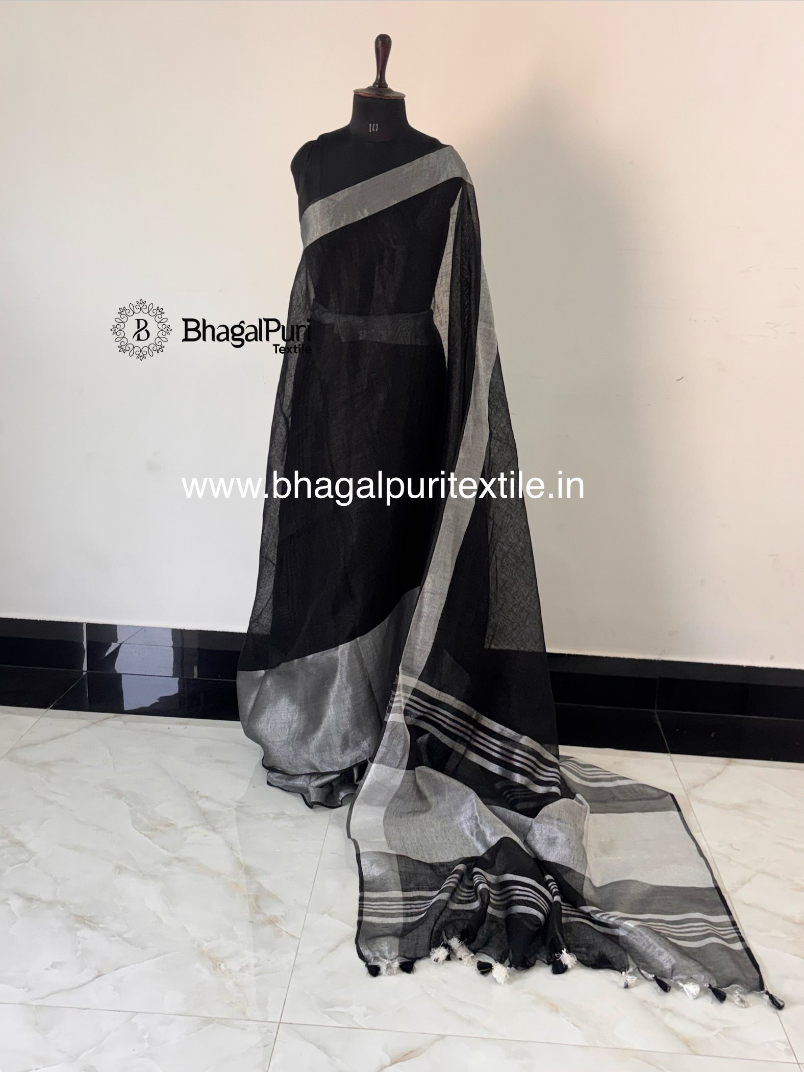 Elegant black linen Mahapad saree with stylish silver zari broad border for women