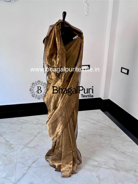 tissue silk saree on a mannequin against a white wall with 'BhagaPuri Textile' branding.