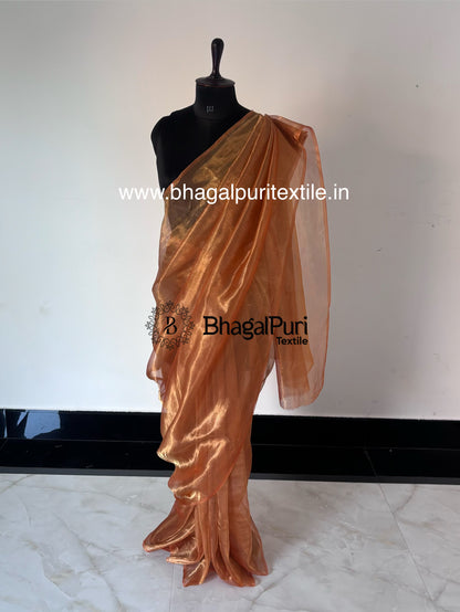 orange golden tissue silk party wear saree with running blouse piece, premium festive tissue silk saree.