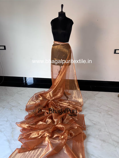 premium orange tissue silk saree with blouse piece, elegant festive and wedding wear saree.