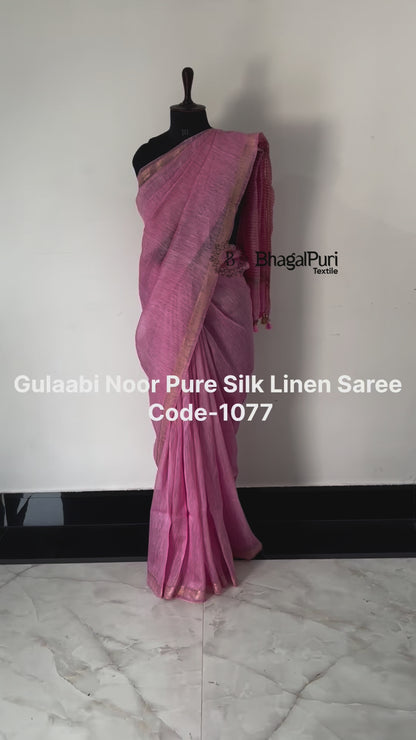 Gulaabi Noor Pure Silk Linen Dobi Zari Saree (Search Code-1077)