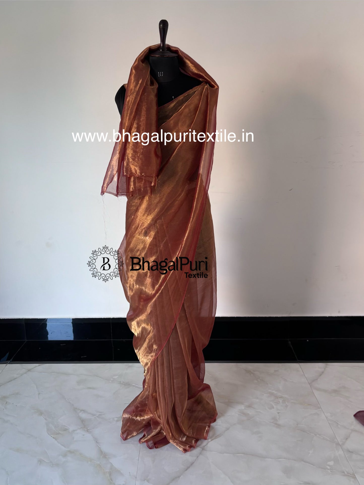 Red tissue silk saree with 1 meter running blouse piece, elegant designer party wear tissue silk saree.