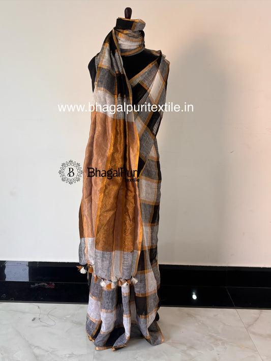 Stylish black and white check linen saree with lightweight fabric and designer zari border