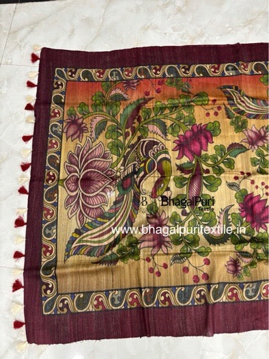 Tussar Ghicha silk saree featuring vibrant peacock digital print, natural texture, and soft golden sheen – perfect for festive and traditional wear.